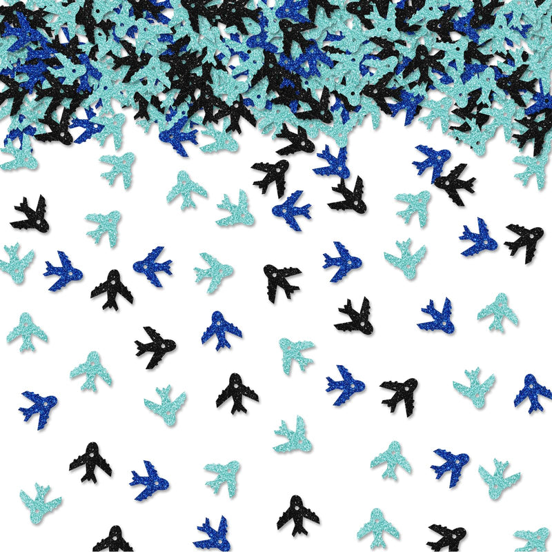 100pcs Airplane Confetti, Blue&Black Glitter Plane Table Confetti, Boys Birthday Paper Scatters, Baby Shower/Retirement/Travel Theme Party Table
