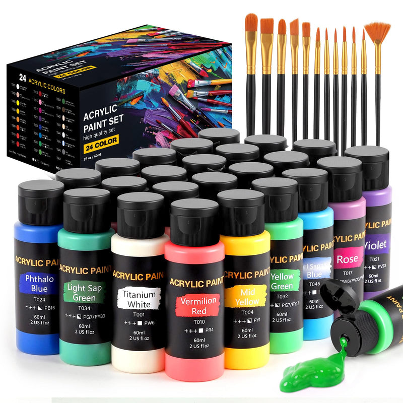 TMOL Acrylic Paint Set, 24 Colors (2 oz/Bottle) with 12 Art Brushes, Art Supplies for Painting Canvas, Wood, Ceramic & Fabric, Rich Pigments