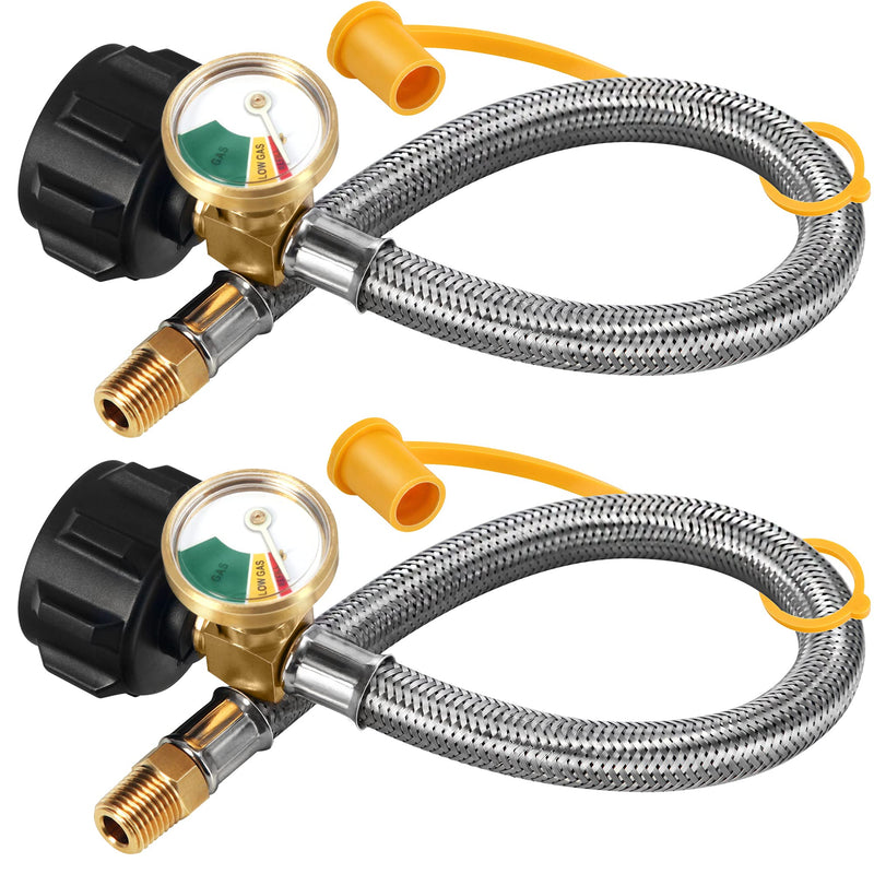 15 inch (packs of 2) RV Propane Hoses with Gauge, Stainless Steel Braided Camper Tank Hose,Rv lp Gas Hoses Connector for Standard Two-Stage