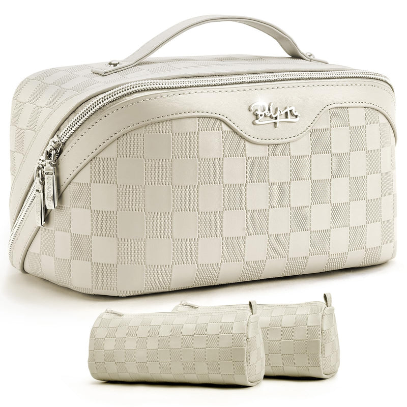 BOYATU Travel Makeup Bag Organizer: 3 Pcs Set Large Capacity Cosmetic Bags Holds 10–20 100ml Full-Size Bottles - 180°Open-Flat Make up Case 3-sec