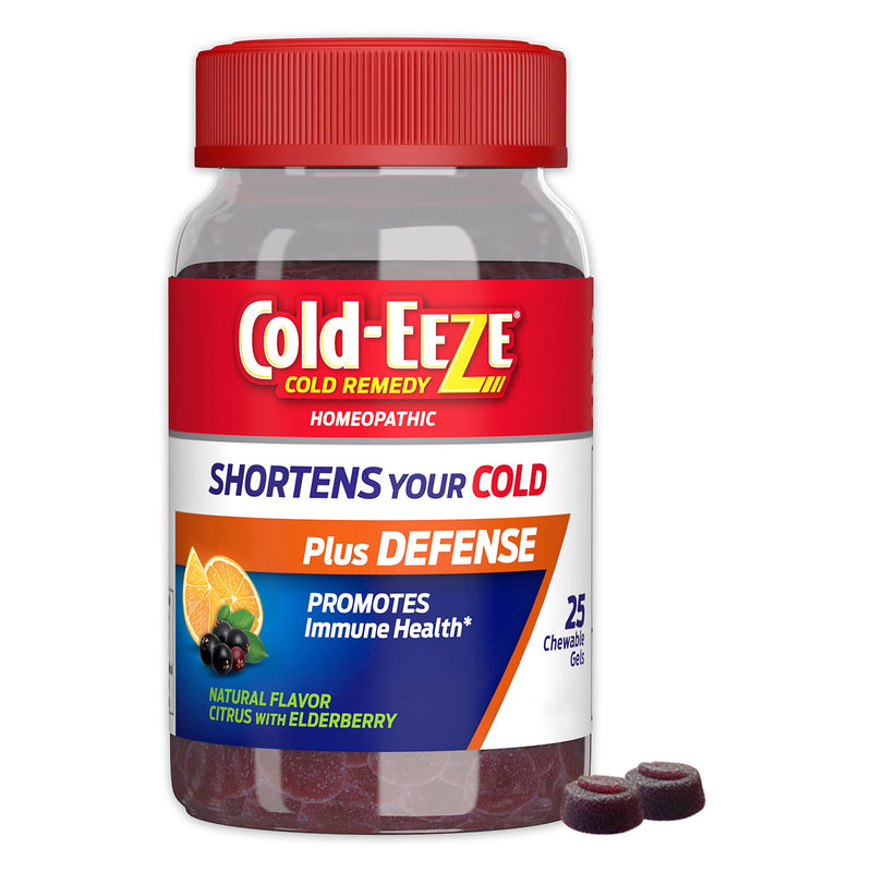 Cold-Eeze plus Defense Natural Citrus & Elderberry Zinc Chewable Gels, Homeopathic Cold Remedy, Shortens Common Cold Symptoms, Promotes Immune