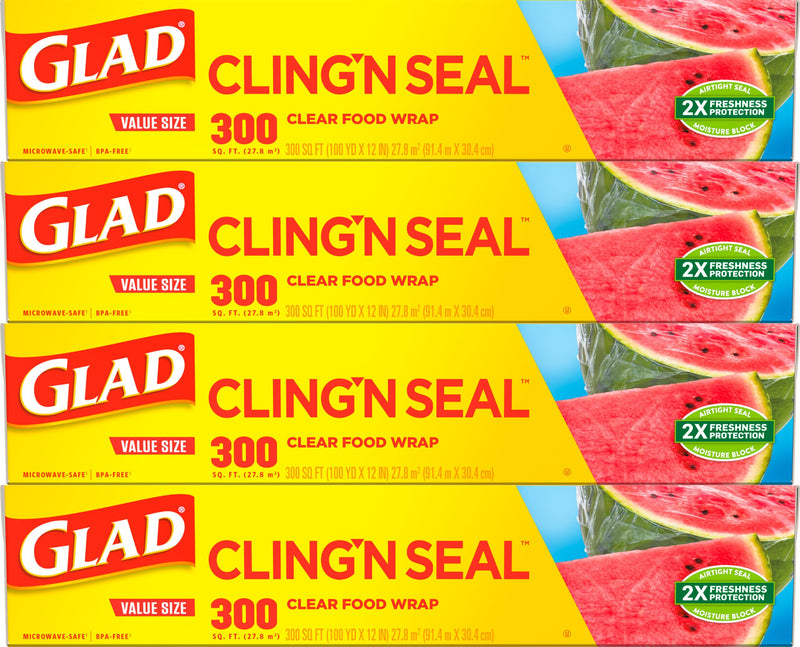 Glad Cling N Seal Plastic Wrap for Food, Airtight Seal, 300 Square Foot Roll (Pack of 4) 300 Sq Ft (Pack of 4)