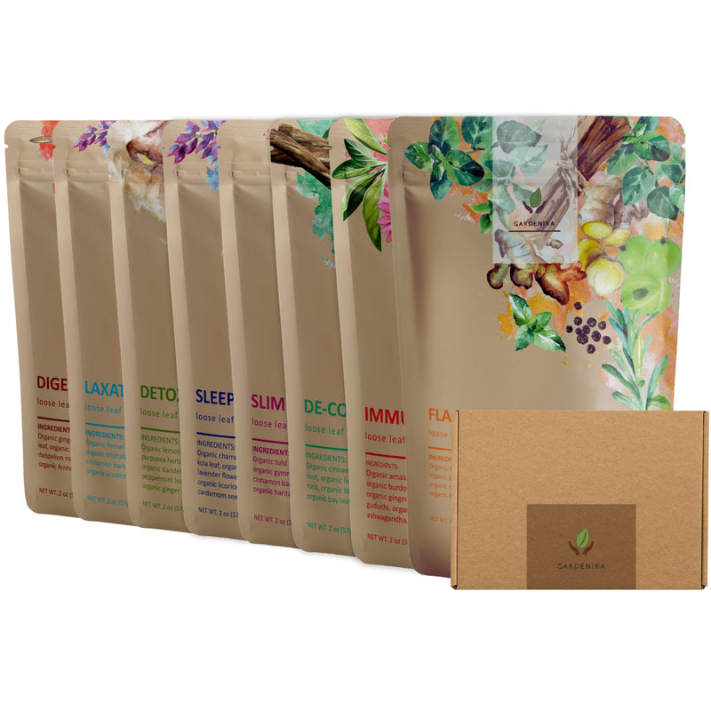 Gardenika Organic Loose Leaf Tea Sampler – 8 Pack, 1 LB – Herbal and Naturally Caffeine-Free Set - Ayurvedic Assortment Blend Sampler (8 Pack, 1 lb)