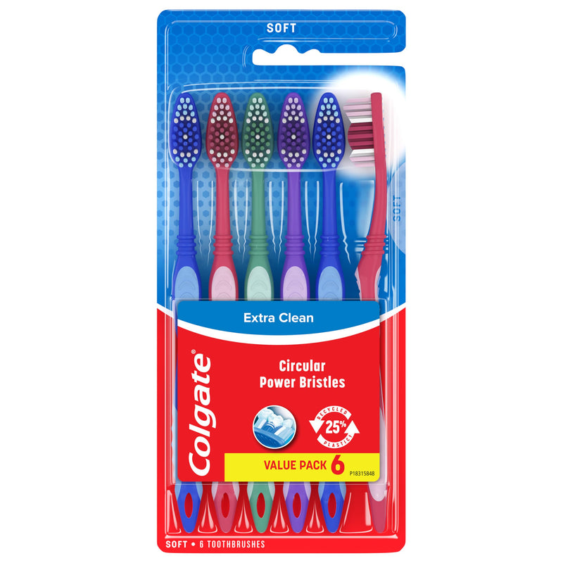 Colgate Extra Clean Toothbrush, Soft Toothbrush for Adults, 6 Count (Pack of 1) 6 Count (Pack of 1) Soft