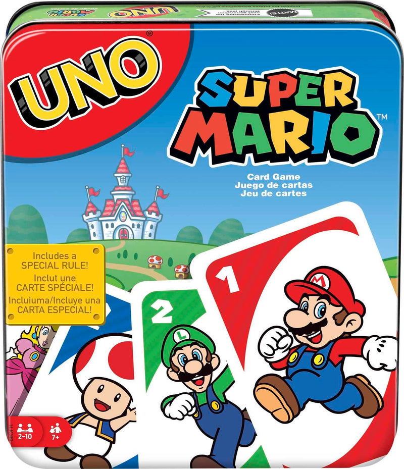 Mattel Games UNO Super Mario Card Game in Storage & Travel Tin, Video Game-Themed Deck for Kids, Adults & Family Nights with Special Rule