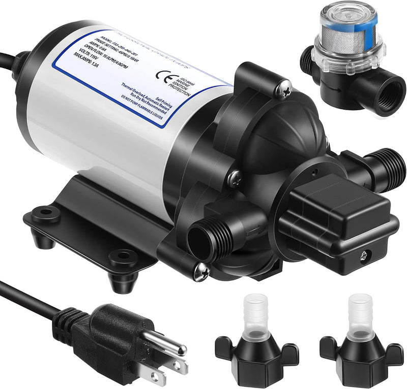 Water Pressure Diaphragm Pump Industrial 115V 4 GPM 45 PSI, Self Priming Water Booster Pump with Power Plug, Fittings Strainer Filter for Kitchen