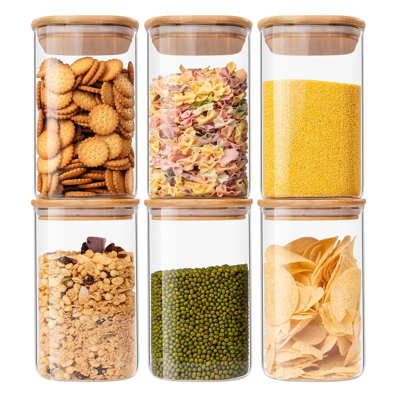 Glass Food Storage Jars 37 oz Set of 6,Glass Storage Containers Clear Glass Food Canister with Bamboo Lid Airtight For Serving Tea, Coffee, Flour,
