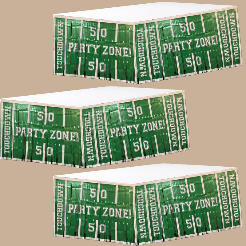 3 Pack Football Party Zone Metallic Fringe Table Skirt, Green and White, 50 Yard Line Design, Game Day Decoration, Footbale Table Decoration
