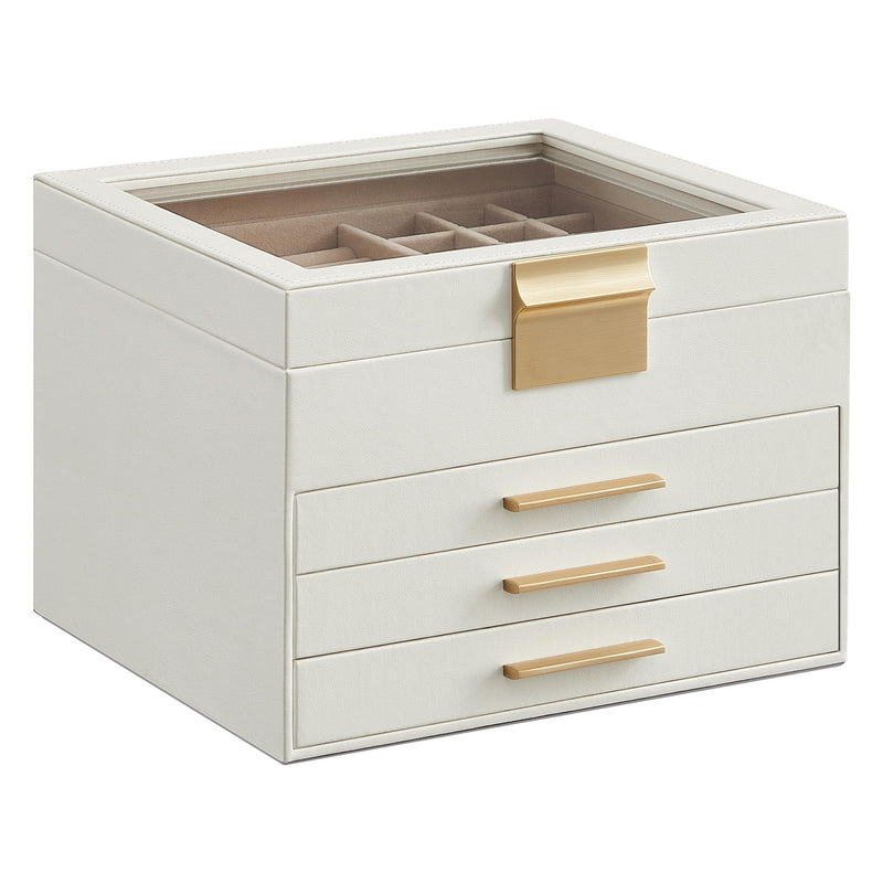 SONGMICS GISELLA Collection - Jewelry Box Organizer with Glass Lid, 4-Layer Jewelry Storage, with 3 Drawers, Modern Style, 8 x 9.1 x 6.5 Inches,