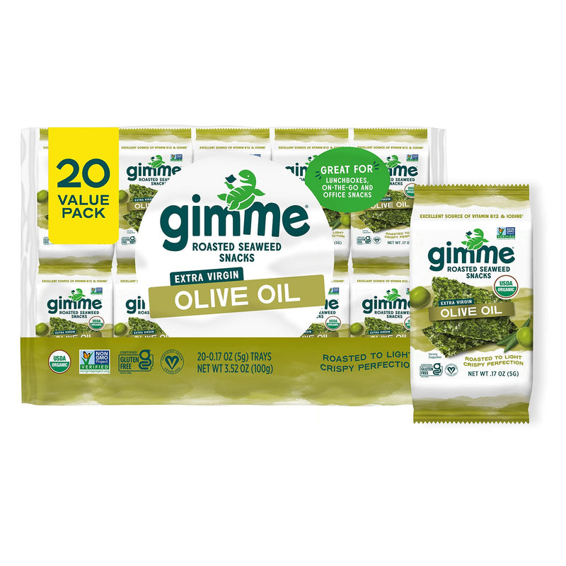 Gimme 20 CT Extra Virgin Olive Oil Organic Seaweed Snacks, 5g, 0.17oz #5 Extra Virgin Olive Oil