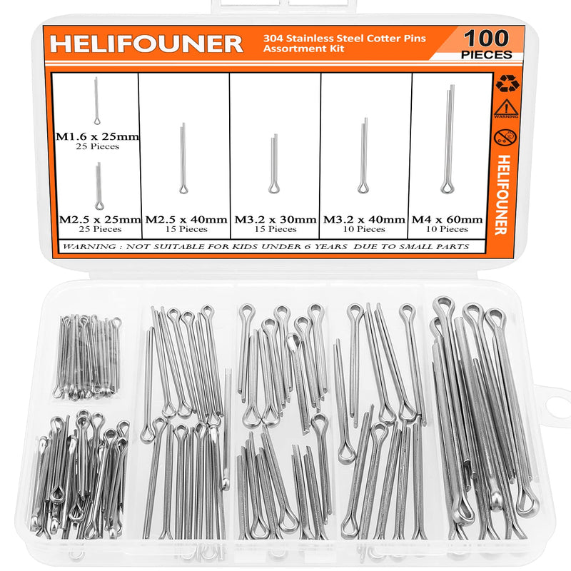HELIFOUNER 100 Pieces 304 Stainless Steel Cotter Pin Assortment Kit