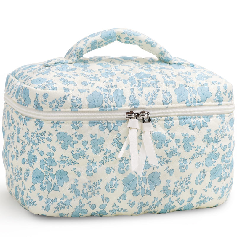 Prite Quilted Makeup Bag Travel Toiletry Organizer for Women (Blue Flower)