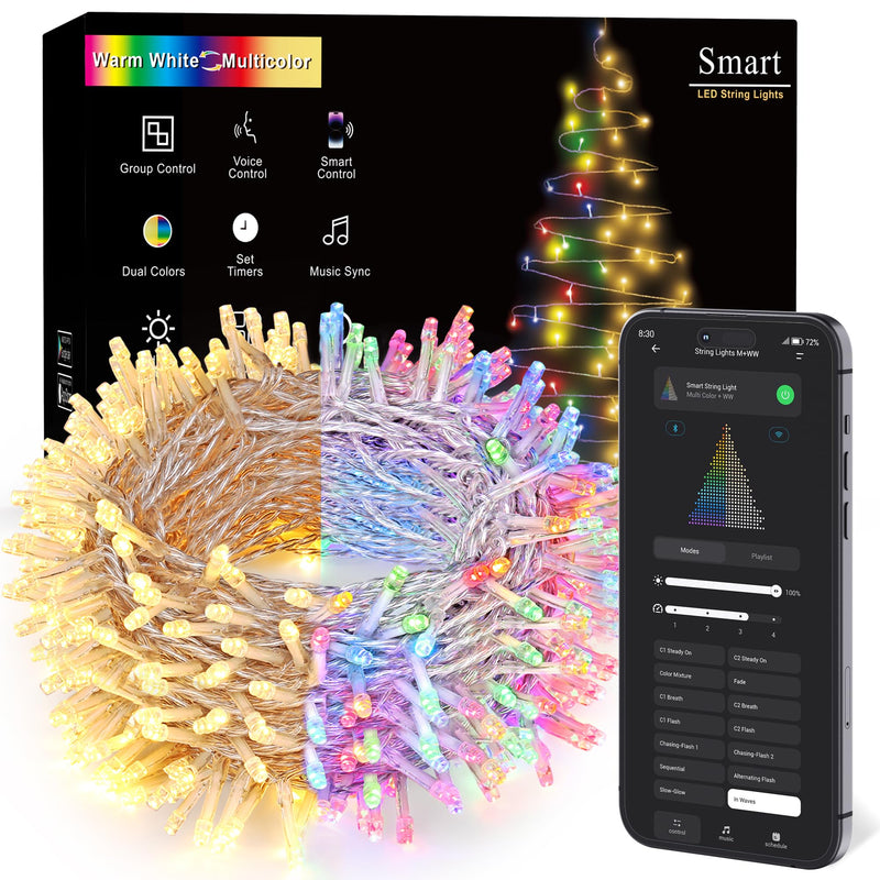 BrizLabs Smart Christmas Lights, 115FT 300 LED Color Changing String Lights | Warm White & Multicolor Fairy Lights; App & Voice Control WiFi Mini