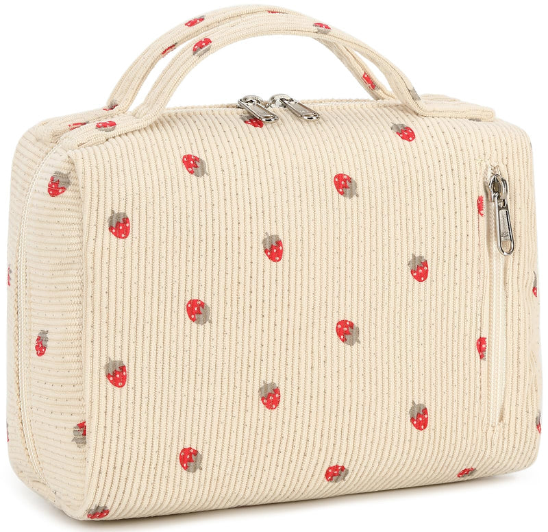 Bluboon Makeup Bag Zipper Pouch Travel Toiletry Bag Portable Cosmetic Bag Organizer for Women and Girls(Strawberry Corduroy Beige)