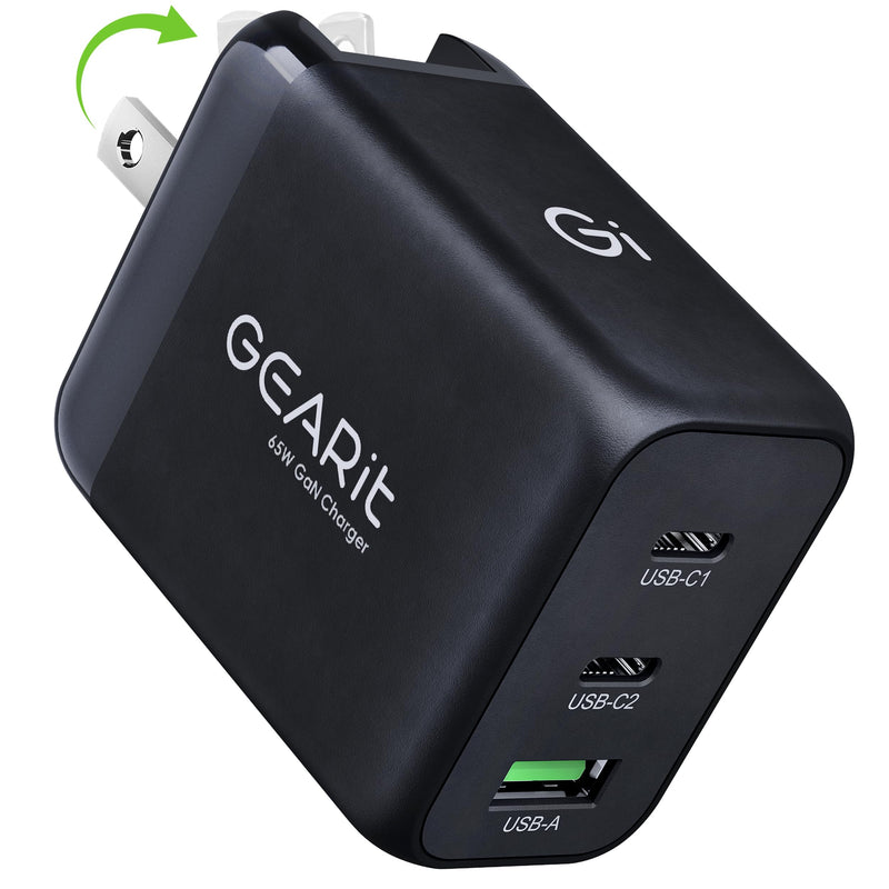 GEARit 65W USB C Charger Block, GaN 3-Port Foldable Fast Wall Charger | Type-C PD 3.0 & PPS fast charging, 2 USB-C + 1 USB-A, for MacBook Pro/Air,
