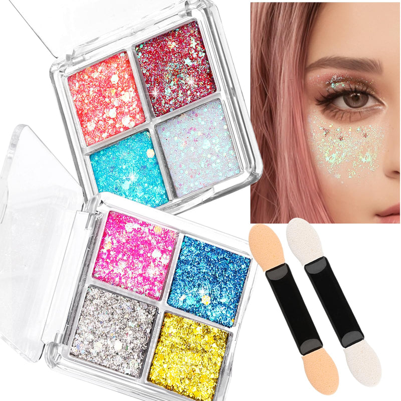 FANDAMEI Face Glitter, Body Glitter for Women, 2PCS 8 Colors Glitter Gel for Face, Hair Glitter for Kids, Fairy Rave Mermaid Makeup pink/red/light