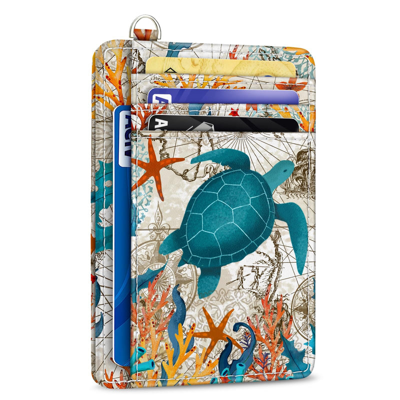 Credit Card Holder Slim Wallet, Sea Turtle RFID Wallet Women Front Pocket Small Card Holder Travel Cute Funny Thin Card Case ID Window PU Leather