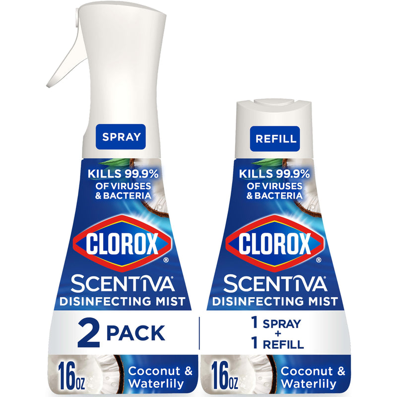 Clorox Scentiva Disinfecting Mist, Coconut and Waterlily, 1 Spray and 1 Refill, 16 oz Each Spray & Refill