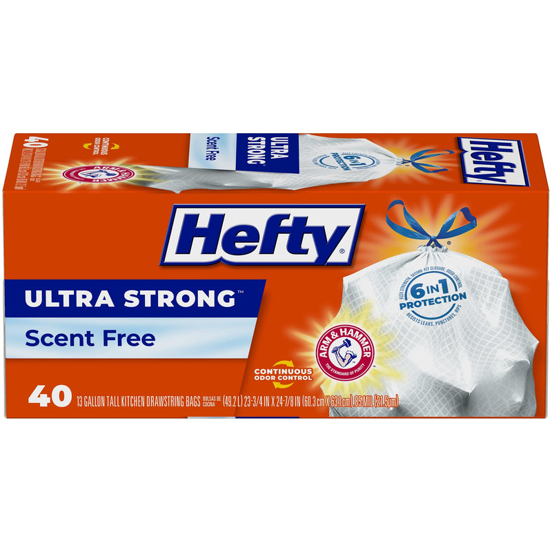 Hefty Ultra Strong 13 Gallon Trash Bags, Tall Kitchen Trash Bags 13 Gallon Size, Drawstring Closure, Continuous Odor Control, White, Unscented, 40