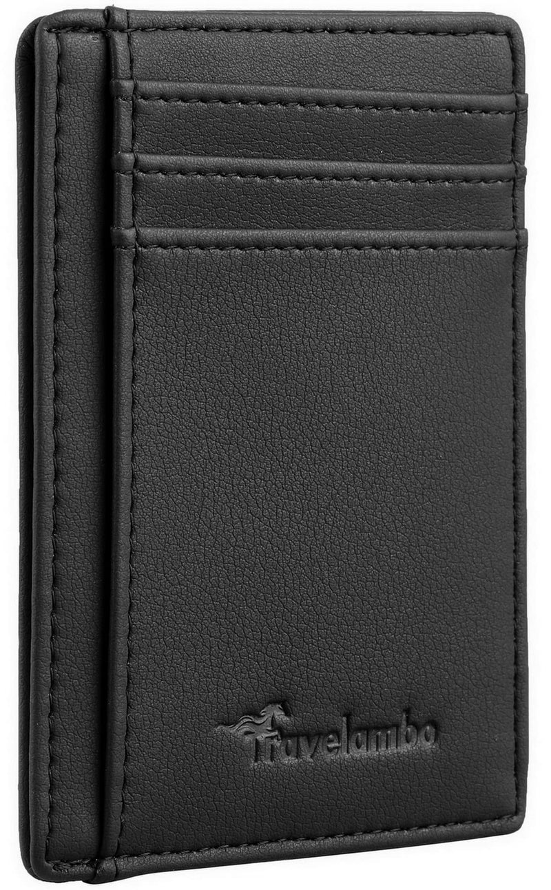 Travelambo Front Pocket Minimalist Leather Slim Wallet RFID Blocking Medium Size Black Delux