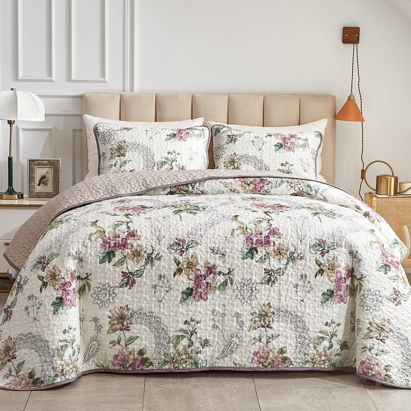 Flysheep 3 Pieces Quilt Set Full/Queen Size, Beige Floral Reversible Bedspread Coverlet Set, Soft Microfiber Lightweight Bed Cover for All Season