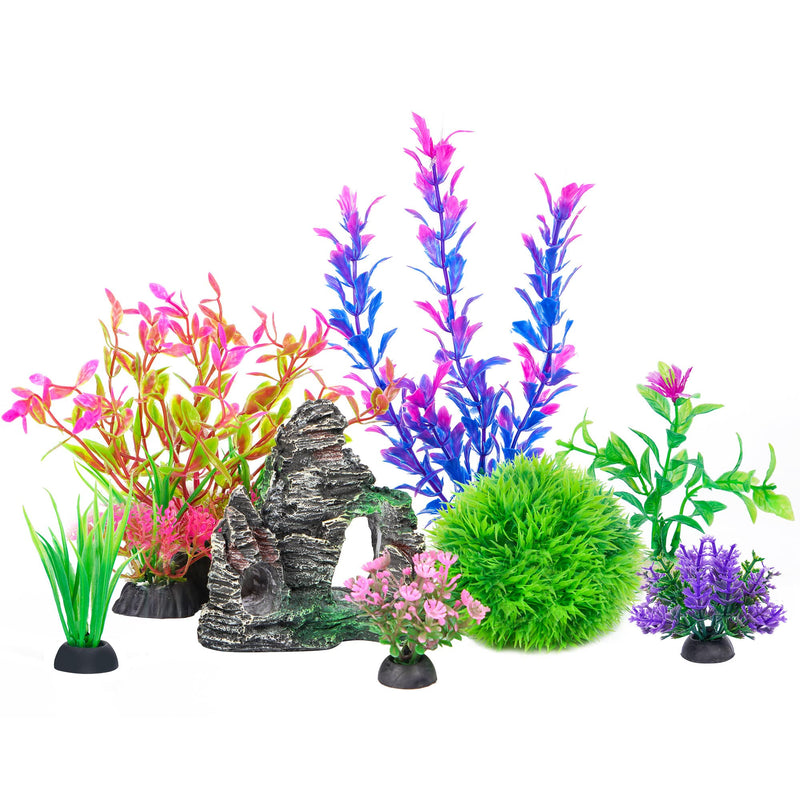 Ameliade Aquarium Artificial Plastic Plants Decorations and Rock Cave Decor Set Goldfish Betta Fish Tank Accessories Small Large Fish Bowl