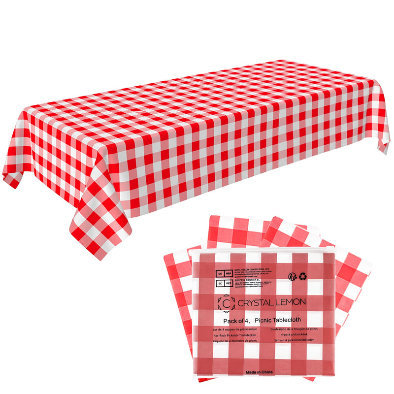 Red Gingham Disposable Picnic Tablecloths 4 Pack, Plastic Table Covers 4 Red