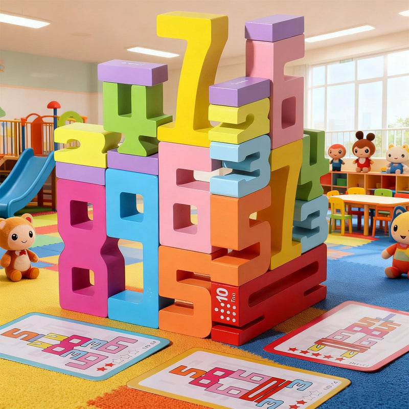 20PCS Wooden Number Building Blocks- Montessori Math Stacking Number Blocks Toys with Counting Games, Bright Digital Building Blocks Friends of