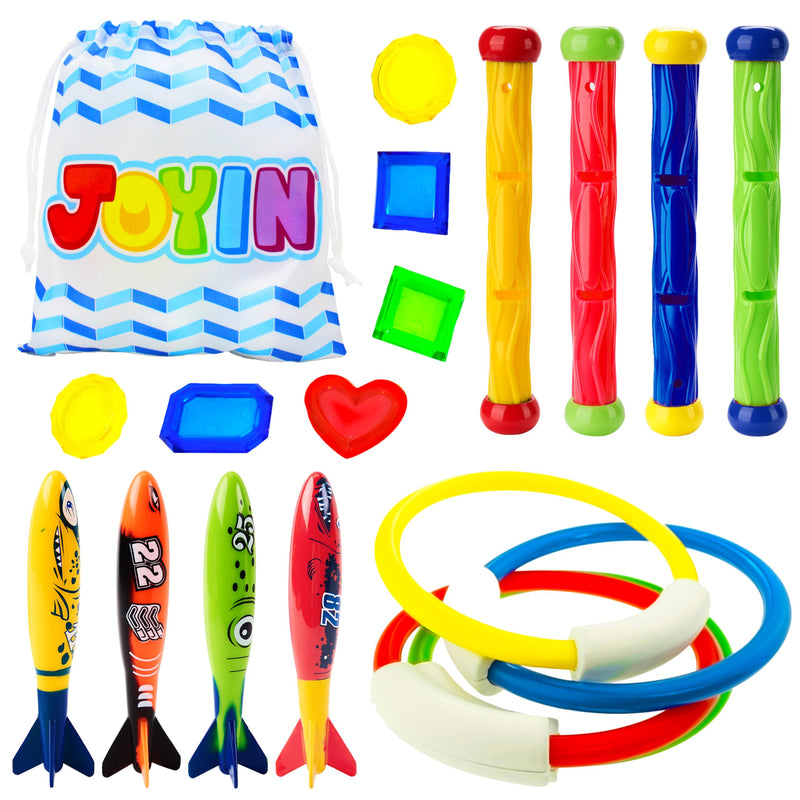 JOYIN 18Pcs Diving Pool Toys for Kids, Swimming Pool Toy with Storage Bag Includes 4 Pool Rings, 4 Diving Sticks, 4 Bandits, 6 Treasures