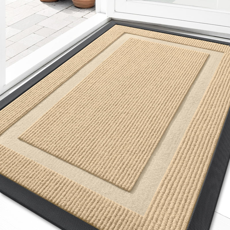 OLANLY Front Door Mat Outside 29.5x17, All-Season Heavy-Duty Rubber Doormat Beige Classic Border Rectangular 29.5" x 17"