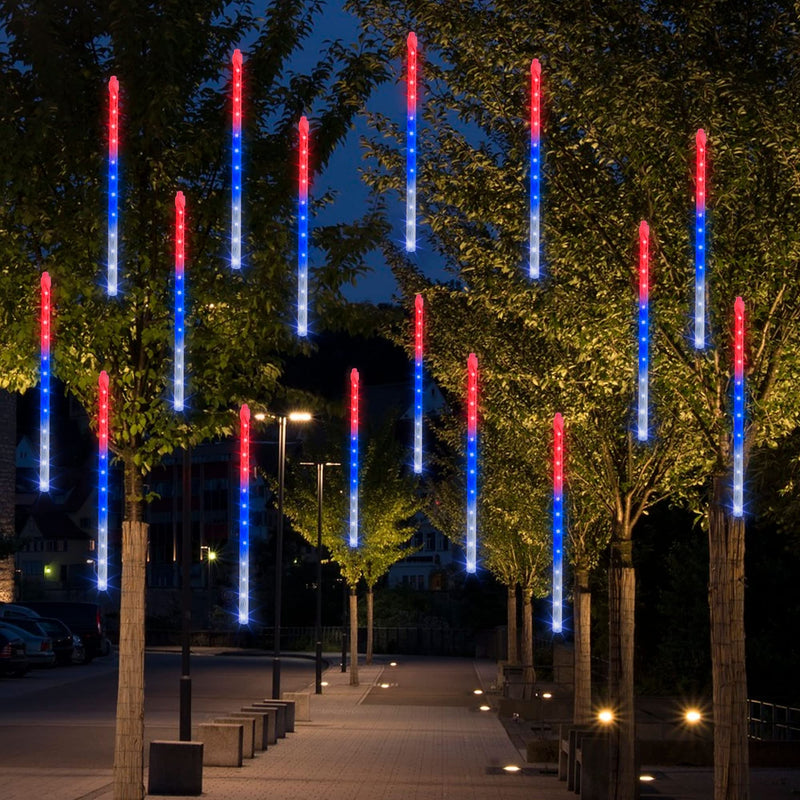 Dazzle Bright 4th of July Lights Decorations, 288LED Red Blue and White Meteor Shower Rain Lights 12Inch 8 Tubes, Waterproof Plug in Falling Rain