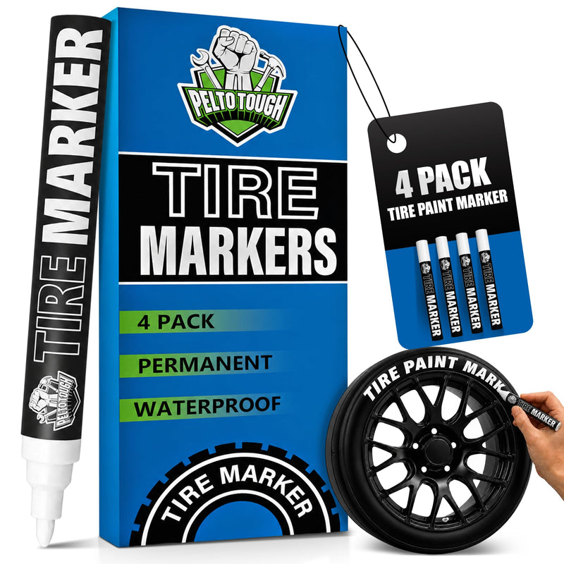 Pelto White Paint Tire Marker For Tire Lettering 4-Pack, Permanent Tire Pen | Permanent Tire Paint Pens with Weatherproof Ink Designed to Last on