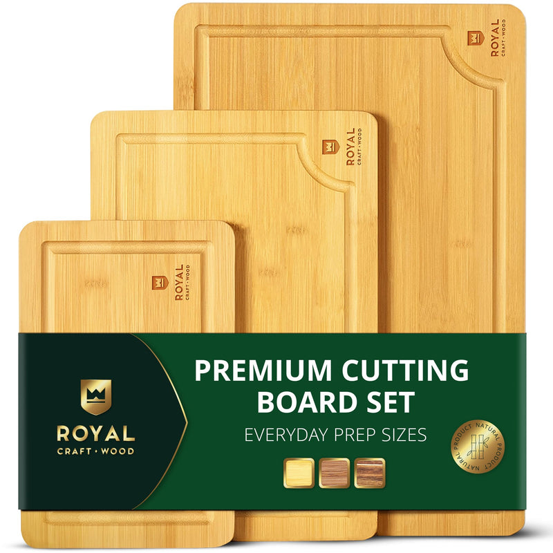 ROYAL CRAFT WOOD Wooden Cutting Boards for Kitchen Meal Prep & Serving - Bamboo Wood Serving Board Set with Deep Juice Groove Side Handles -