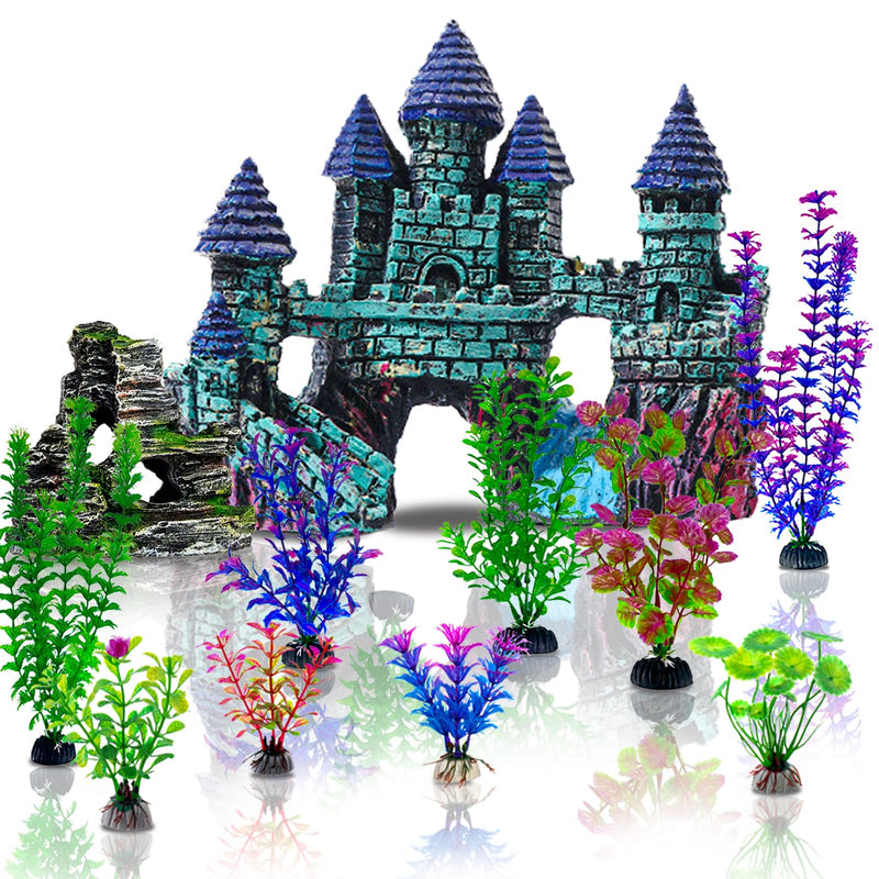 Mechpia 13 Pieces Aquarium Decorations Kit, Fish Tank Decorations Set Small Resin Castle and Rockery Betta Fish Cave Hideout Coral Artificial