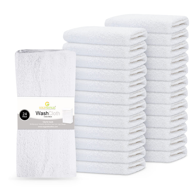 GOLD TEXTILES 24 Pack Economy White Washcloths Set (12x12 inches) - Cotton Blend Commercial Grade Cleaning Rags, Quick Drying & Soft Face Cloths,