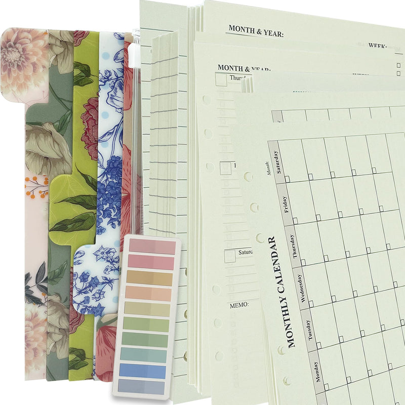 90+54+14 A5 Refill Paper with Undated Monthly Weekly Calendar Planner Inserts, 6 Ring Loose Leaf Lined Filler Paper Refillable for Binder Planner