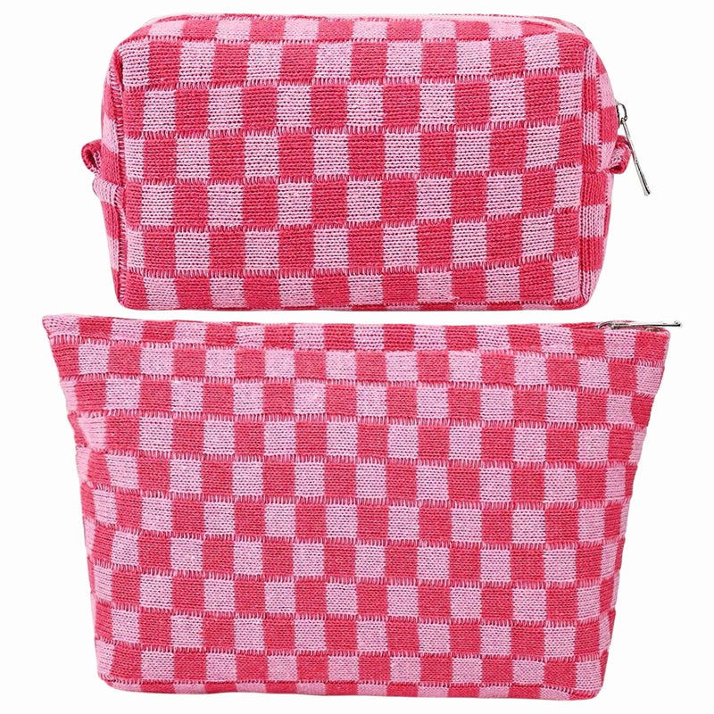 GUTGNK 2-Pack Makeup Bag For Women - Large Checkered Knitted Cosmetic Bags&Small Makeup Pouch Aesthetic Design Travel Toiletry Bag Skincare Bag