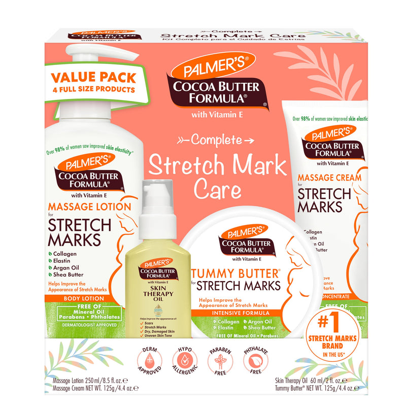 Palmer'S Cocoa Butter Formula Pregnancy Skin Care Kit for Stretch Marks and Scars, Dermatologist Approved, Gift for Mom to Be, 4 Piece Full Size Set