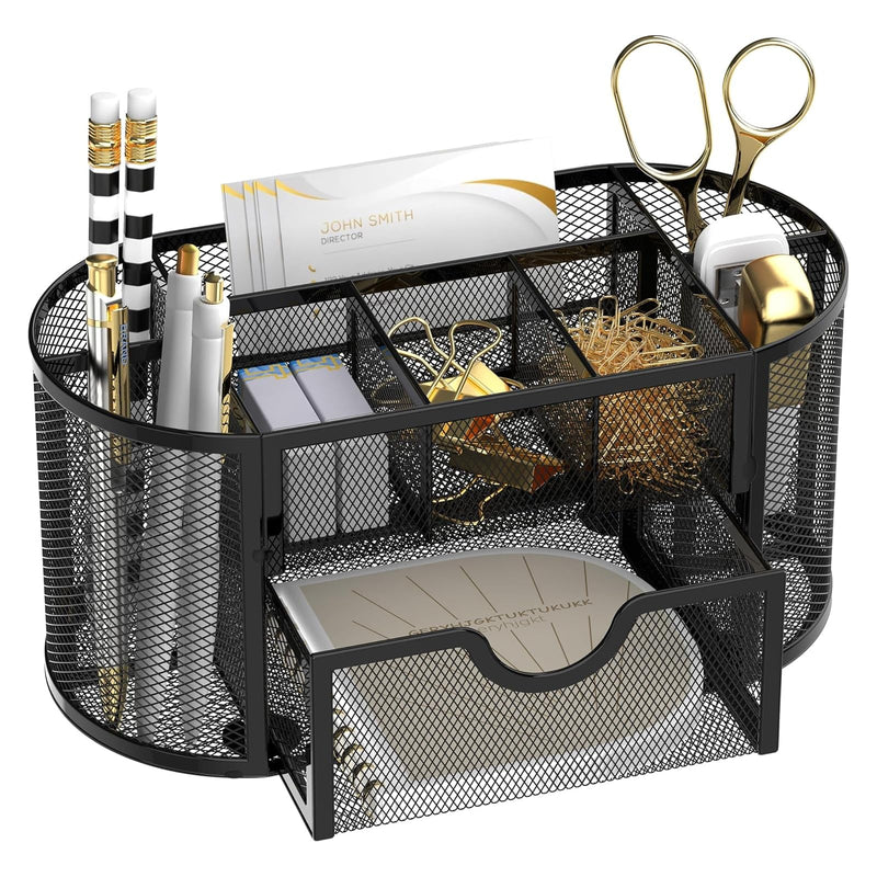 Mesh Desk Organizer with Drawer, 9-Compartment Pen Holder for Desk, Black Obsidian Black