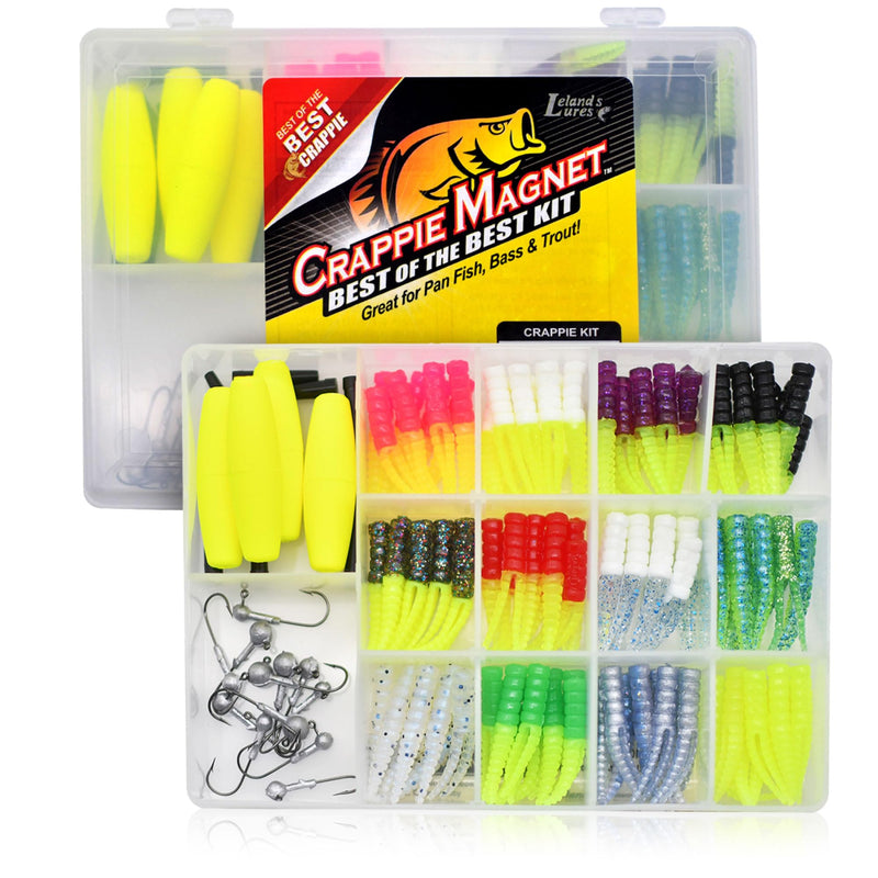 Leland's Lures Crappie Magnet Best of the Best Kit, Fishing Equipment and Accessories, Fishing Lures, 96 Bodies, 15 Double Cross Jig Heads, 4 E-Z