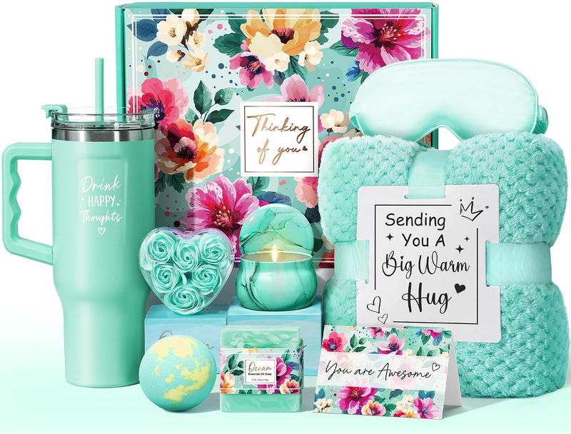 Birthday Gifts for Women Self Care Get Well Soon Gifts, Ocean Relaxing Spa Gift Box Care Package Basket w/ Luxury Flannel Blanket 40 oz Tumbler,