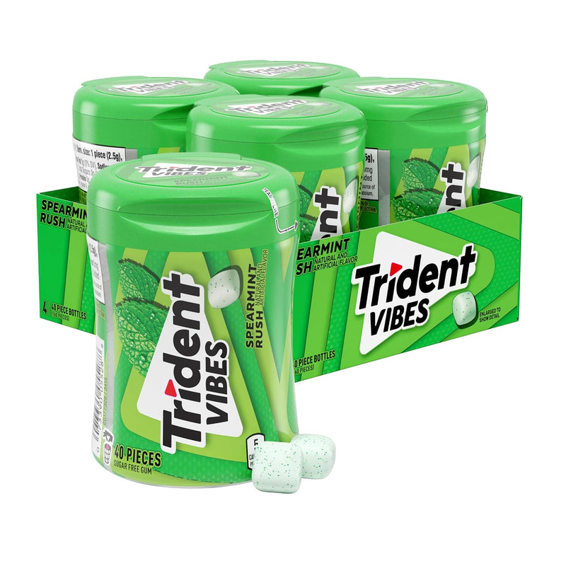 Trident Vibes Spearmint Rush Sugar Free Gum, 4 Bottles of 40 Pieces (160 Total Pieces)
