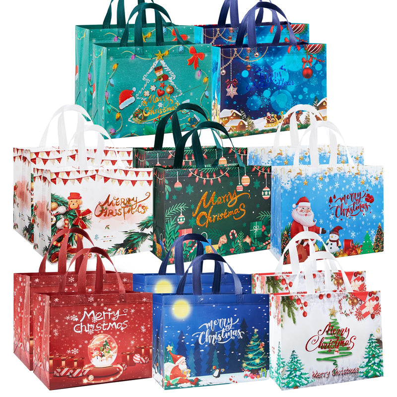 YANGTE 16 Pack Christmas Tote Bags with Handles, Non-Woven Gift Bags, 12.8" 9.8" 6.7 16-Pack