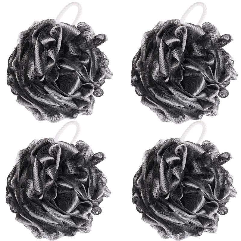 BTYMS 4 Pieces Shower Loofahs Bath Scrunchies 75g/pcs Large Bath Sponge Body Loofahs Shower Pouf Mesh Pouf for Bathing Black 1 Count (Pack of 4)