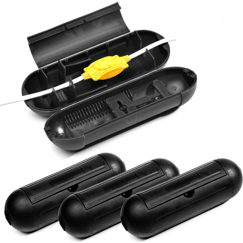 4 Pack Extension Cord Protective Cover Set (Black) | Indoor Outdoor Water-Resistant Holder for Holiday String Lights and Wires | Capsule Shaped