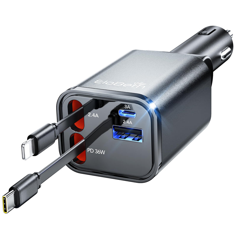 Retractable Car Charger for iPhone 18 Pro,75W Car Charger USB C Fast Charge Gray-Cord for Apple+Type C
