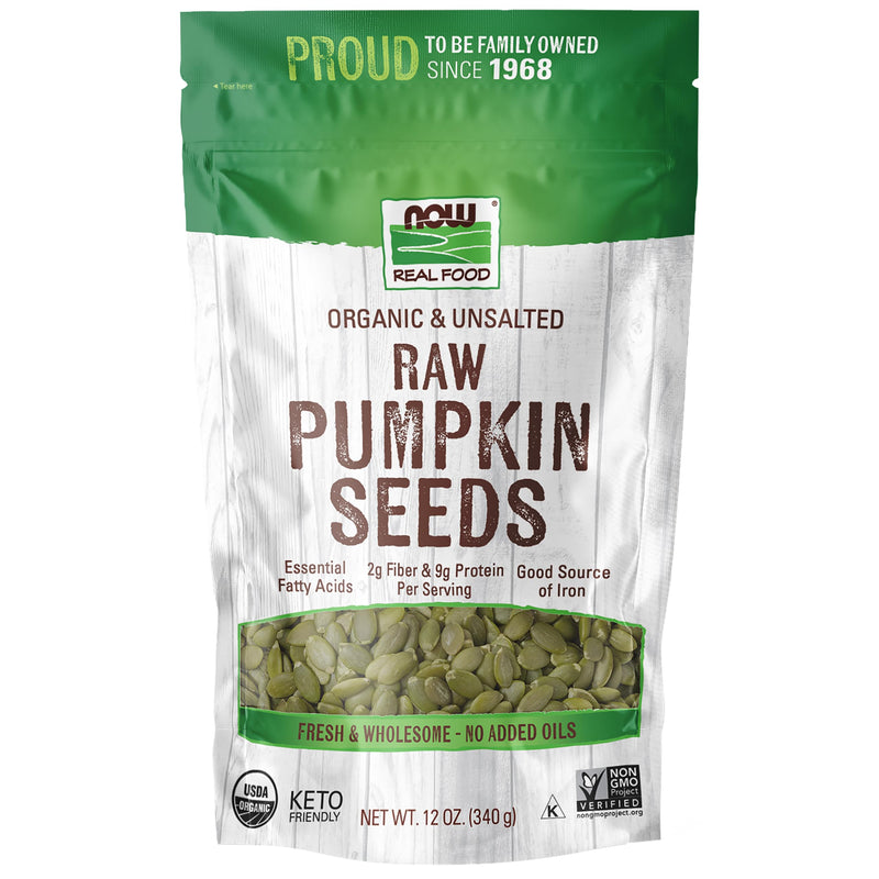 NOW Foods, Organic Pumpkin Seeds, Raw and Unsalted, Excellent Source of Protein and Iron, Certified Non-GMO, Keto-Friendly Snack, 12-Ounce