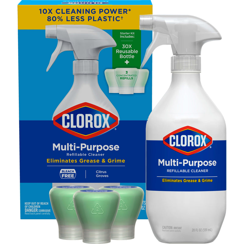 Clorox Multi-Purpose Spray Starter Kit 3X1.125Fo, Household Essentials, Concentrated Refill + 20Fo Spray Bottle