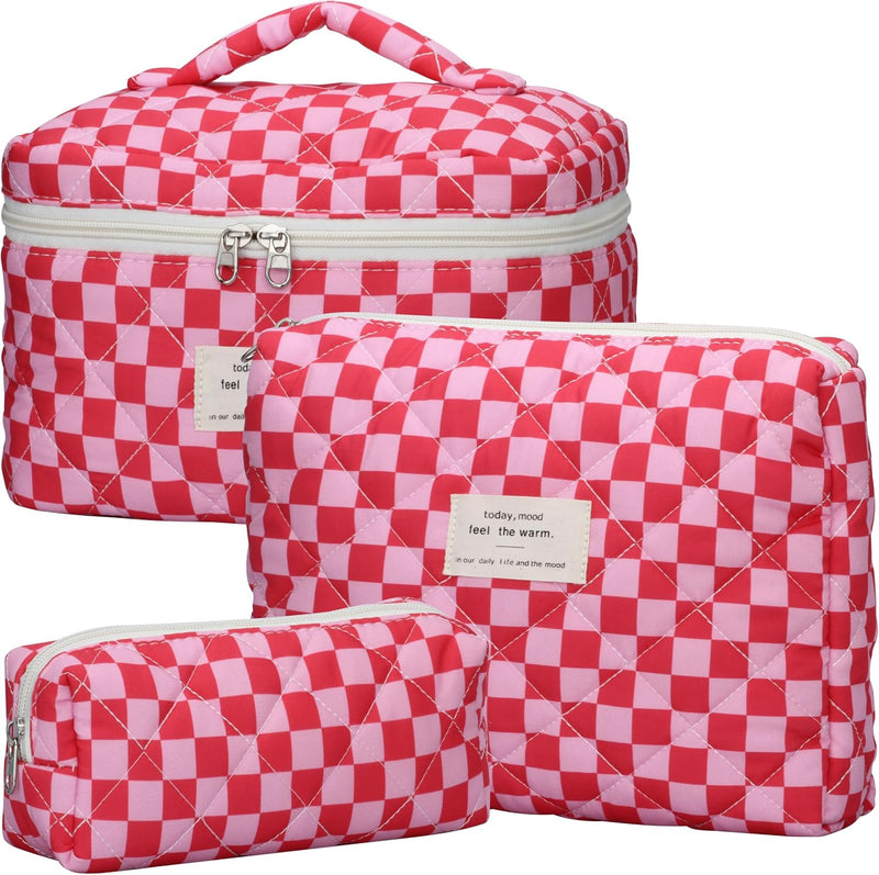 Quilted Makeup Bag Set - 3 PCS Cute Floral Cotton Makeup Bag, Large Coquette Aesthetic Make up Cosmetic Bag, Flower Travel Toiletry Organizer Bags