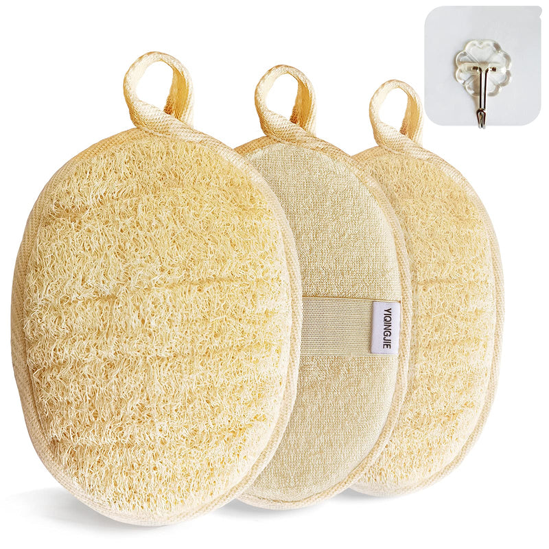 YIQINGJIE Natural Loofah Sponge Exfoliating Body Scrubber (3 Pack) Beige Beige 1 Count (Pack of 3)